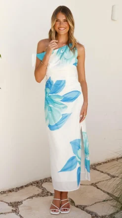 Maisy Shoulder Tie Midi Dress - Blue Teal