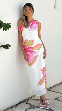 Maisy Shoulder Tie Midi Dress - Pink Green