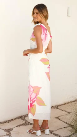 Maisy Shoulder Tie Midi Dress - Pink Green