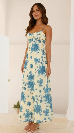 Margie Midi Dress - Yellow / Blue Floral