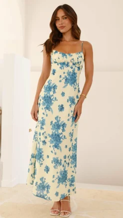 Margie Midi Dress - Yellow / Blue Floral