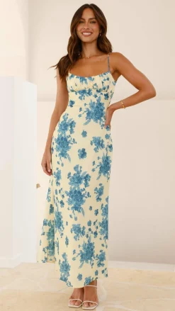 Margie Midi Dress - Yellow / Blue Floral