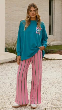 Matcha Long Sleeve Top and Pants Set - Teal / Pink