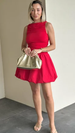 Meera Boat Neck Mini Dress - Red