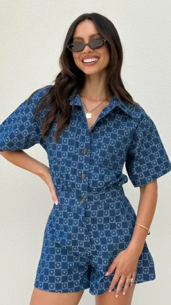 Nella Playsuit - Printed Blue Denim