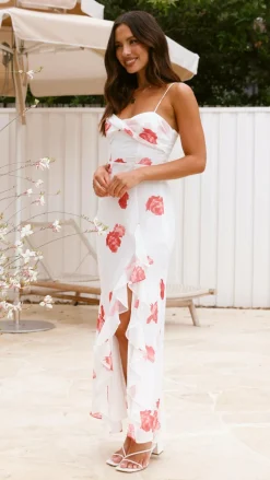 Nylah Midi Dress - White/Red Floral
