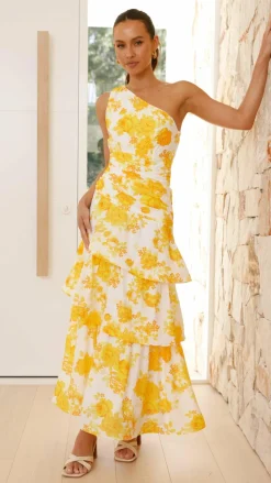 Odilie One Shoulder Maxi Dress - Yellow Floral