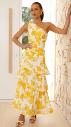 Odilie One Shoulder Maxi Dress - Yellow Floral