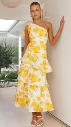 Odilie One Shoulder Maxi Dress - Yellow Floral