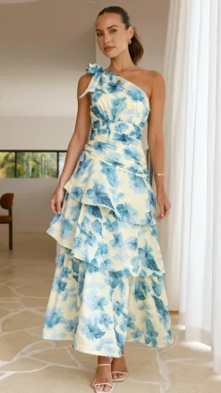 Odilie One Shoulder Maxi Dress - Yellow/Blue Floral