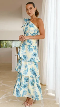 Odilie One Shoulder Maxi Dress - Yellow/Blue Floral