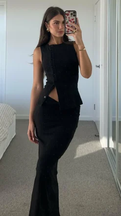 Rahela Button Top and Maxi Skirt Set - Black