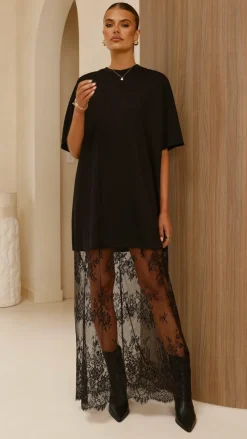 Raina T-Shirt Maxi Dress - Black Lace