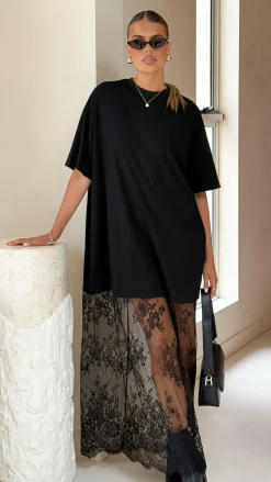 Raina T-Shirt Maxi Dress - Black Lace