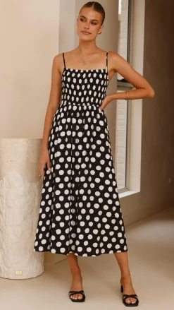 Roma Midi Dress - Black/ White Spot