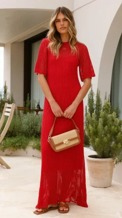 Saisha Crochet Maxi Dress - Red