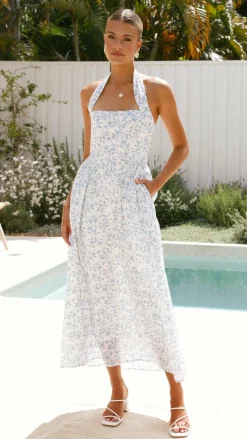 Salas Halter Maxi Dress - White / Blue Floral