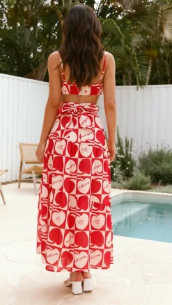 Saraya Top and Skirt Set - Red / White