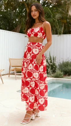 Saraya Top and Skirt Set - Red / White