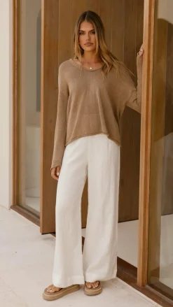 Spring Scoop Neck Long Sleeve Top - Taupe