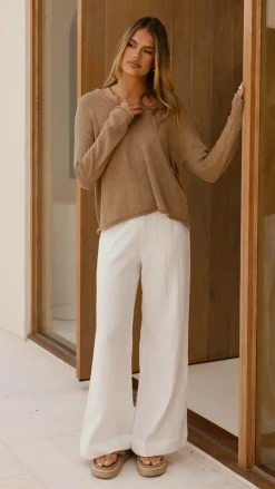 Spring Scoop Neck Long Sleeve Top - Taupe