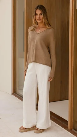 Spring Scoop Neck Long Sleeve Top - Taupe