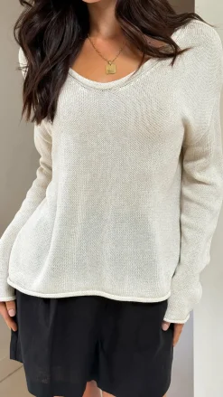Spring Scoop Neck Long Sleeve Top - Natural