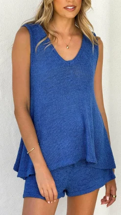 Summer Knit Top and Shorts Set - Blue