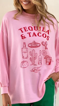 Tequila and Tacos Long Sleeve Top and Pants Set - Pink / Green