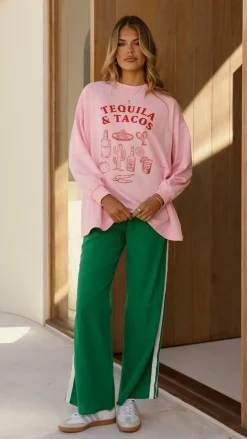 Tequila and Tacos Long Sleeve Top and Pants Set - Pink / Green