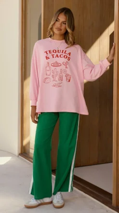 Tequila and Tacos Long Sleeve Top and Pants Set - Pink / Green