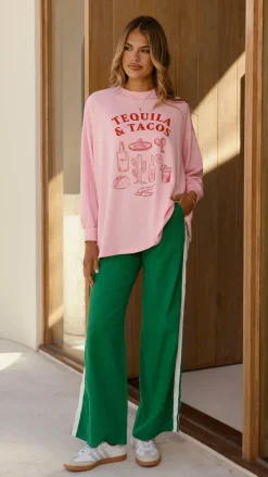 Tequila and Tacos Long Sleeve Top and Pants Set - Pink / Green