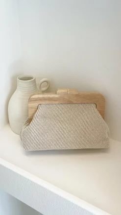 Tessa Fabric Weave Timber Frame Clutch - Camel / Natural