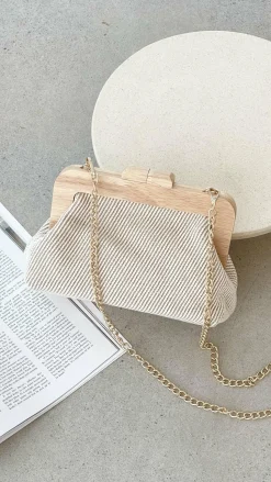 Tessa Fabric Weave Timber Frame Clutch - Camel / Natural