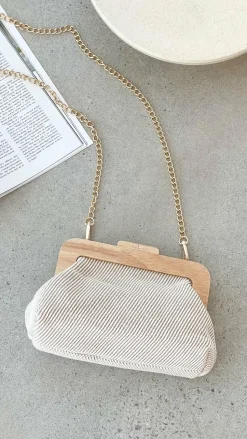 Tessa Fabric Weave Timber Frame Clutch - Camel / Natural