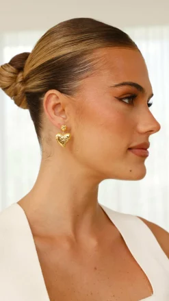 Textured Metal Heart Earrings - Gold