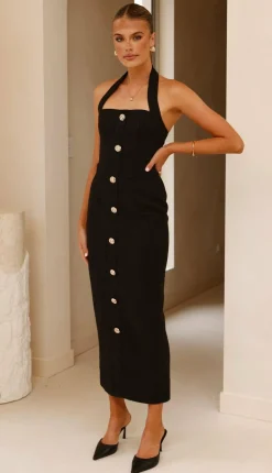 Tierra Button Midi Dress - Black