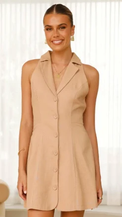 Trixie Button Down Mini Dress - Sand