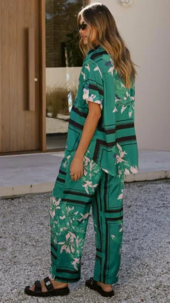 Vallerie Button Up Shirt - Green/Pink Print