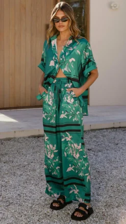 Vallerie Button Up Shirt - Green/Pink Print