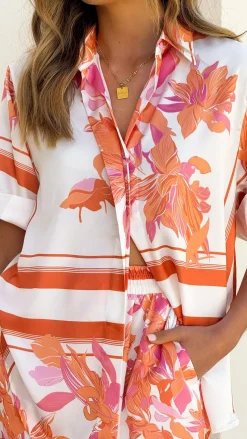 Vallerie Button Up Shirt - Orange/White Print