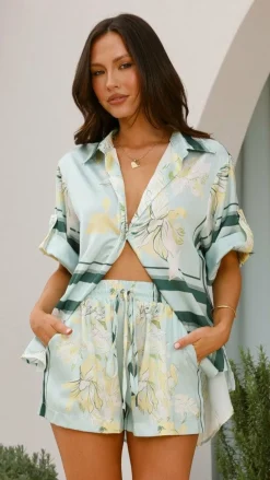 Vallerie Button Up Shirt - Aqua/Yellow Print