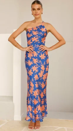 Verity One Shoulder Maxi Dress - Orange/Blue Floral