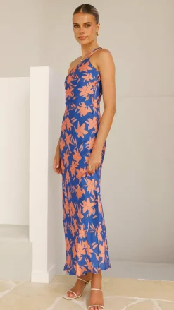 Verity One Shoulder Maxi Dress - Orange/Blue Floral