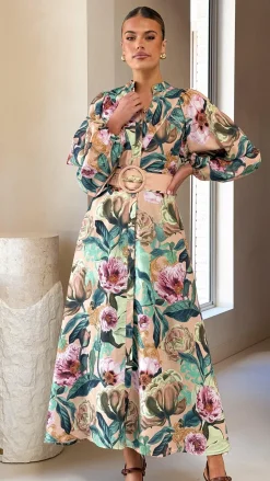 Veronica Button Down Maxi Dress - Mocha Rose Donatella