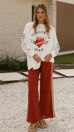 Wandering Heart Long Sleeve Top and Pants Set - Dark Red