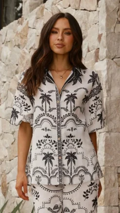 Xander 3/4 Sleeve Button Down Shirt - Black/White