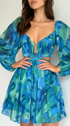 Xarissa Mini Dress - Blue / Green Print