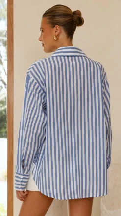 Zoah Long Sleeve Button Up Shirt - Blue/White Stripe