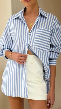 Zoah Long Sleeve Button Up Shirt - Blue/White Stripe